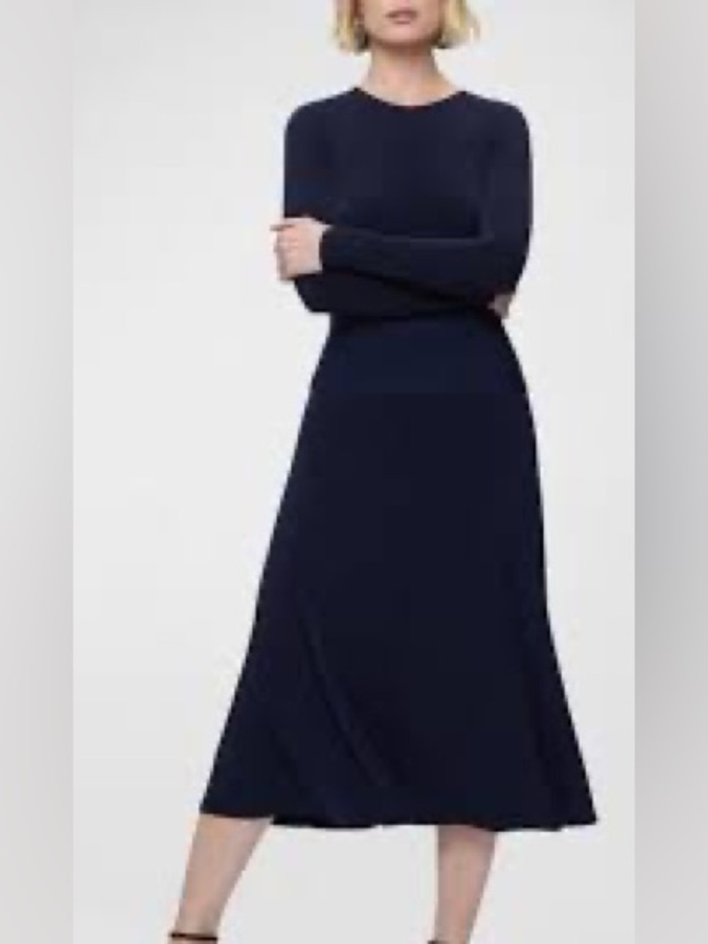 Bandage-Waist Long-Sleeve Matte Jersey Midi “Grace” Dress in Navy -Size L